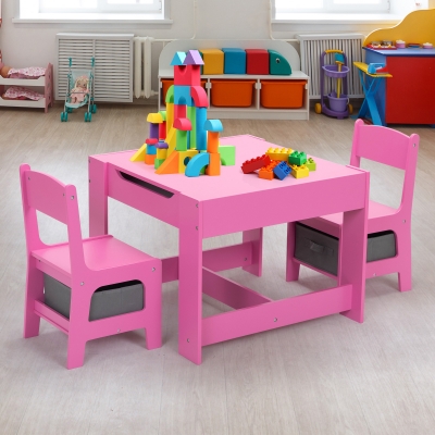 三合一多功能桌椅-粉色+灰色抽屉